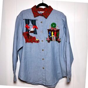Vintage‎ Y2K Light Blue Button Up Long Sleeve Christmas White Cat Shirt Sz Large
